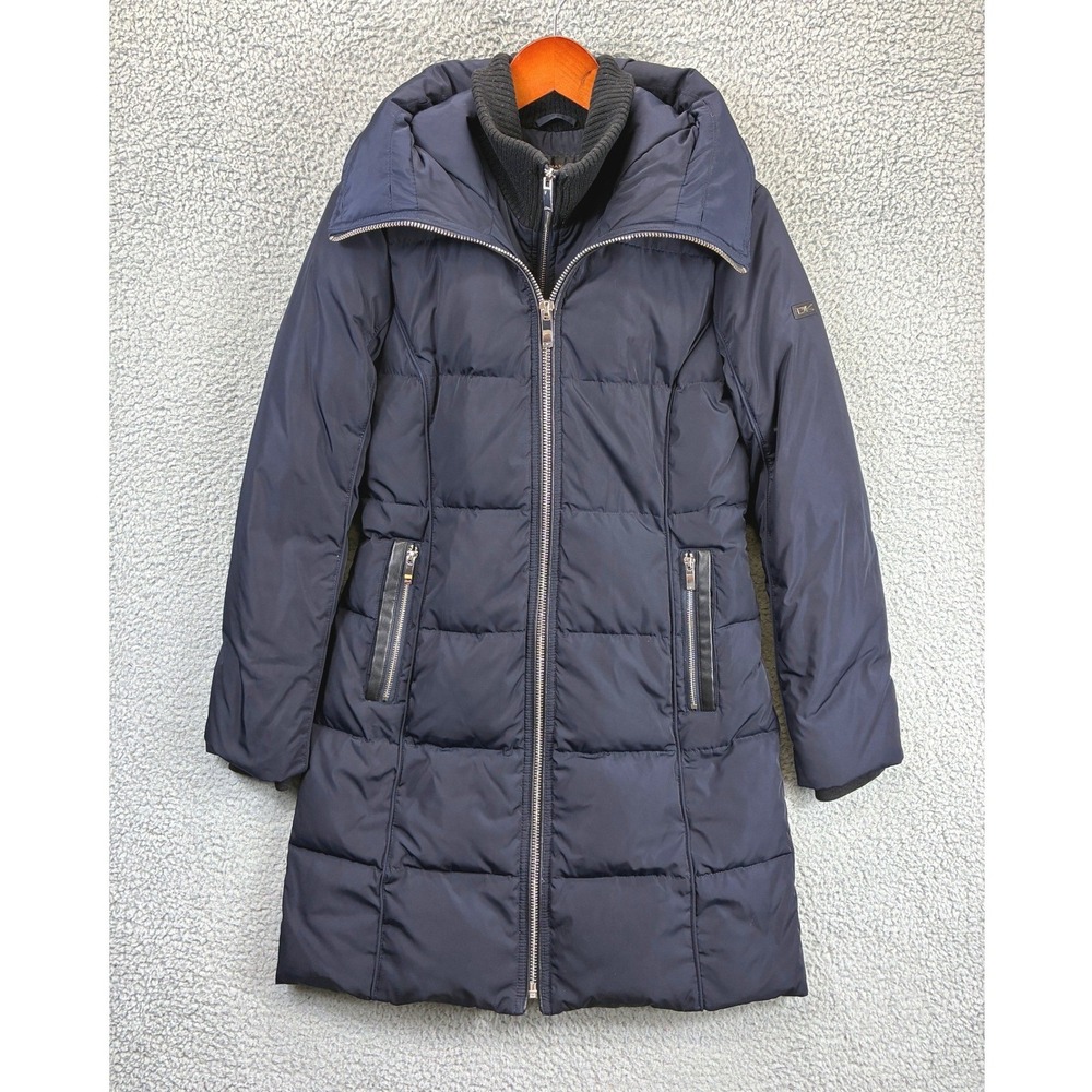 Donna Karan Puffer Jacket Womens S Blue Quilted Ribbed Collar Winter Warm Coat